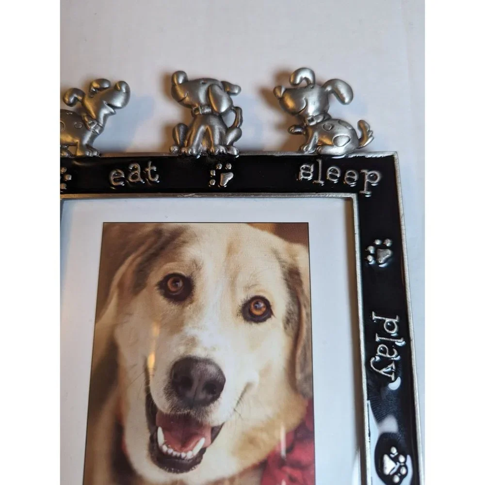 Pewter & black enamel 2D cartoon dog toper 4x6 photo size frame vertical Kohls‎